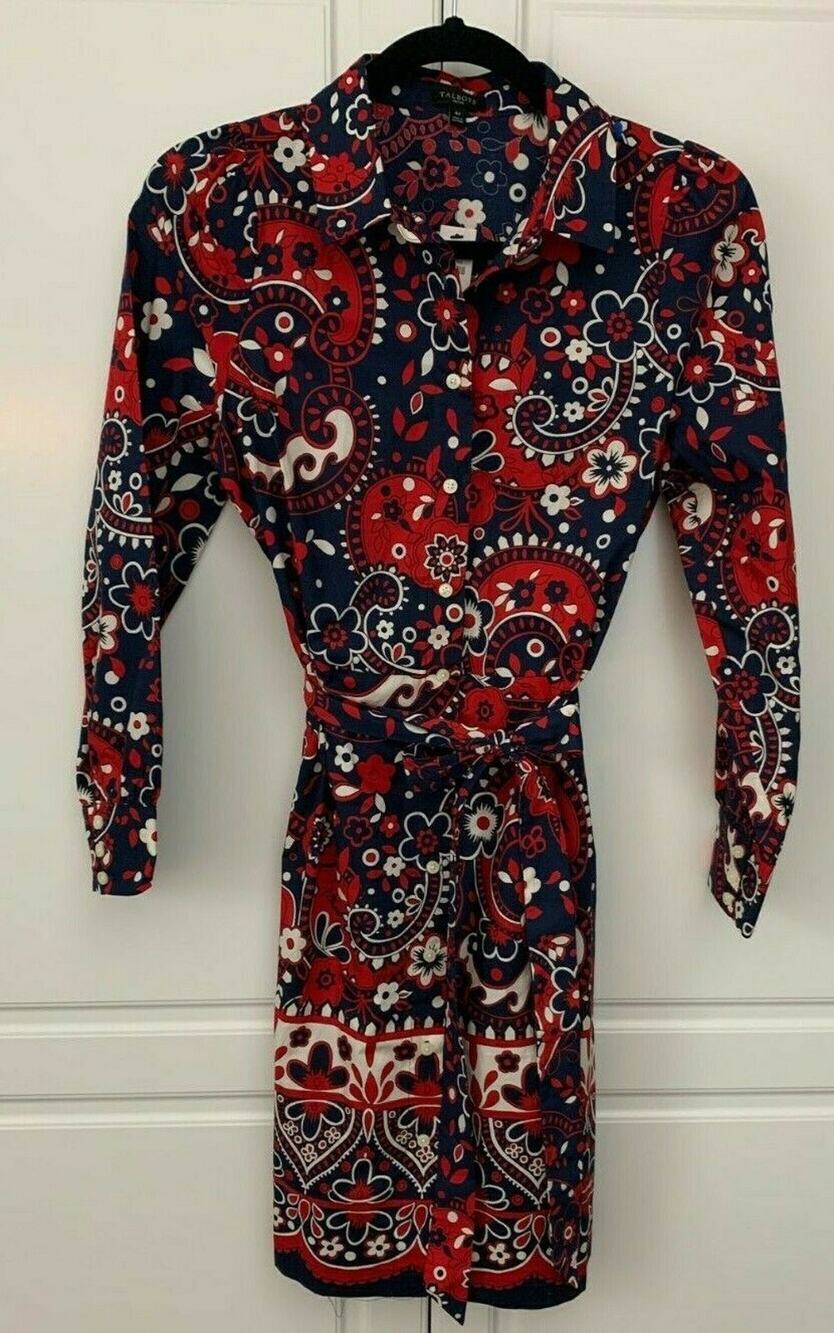 Talbots Shirt Dress Navy and Red Floral Paisley w/Self Belt Size 4P NWT